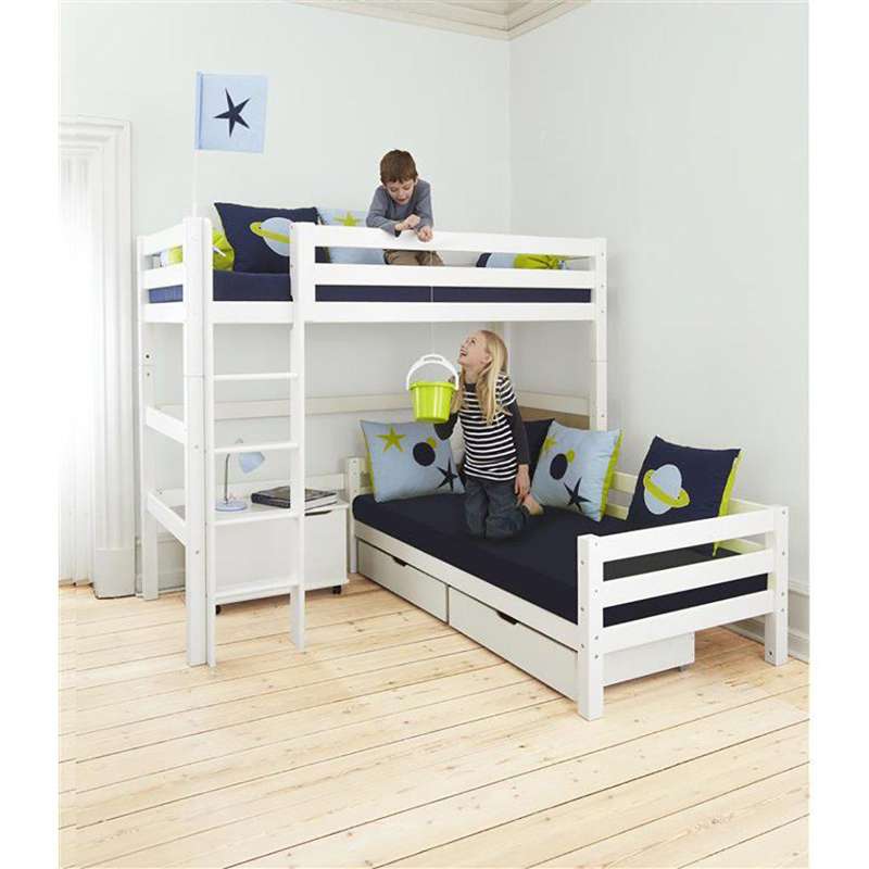 Hoppekids ECO Luxury - Våningsäng - 90x200 cm. - Vinkelkombination - Rak Stege - Flexibel Inläggsbotten - Vit