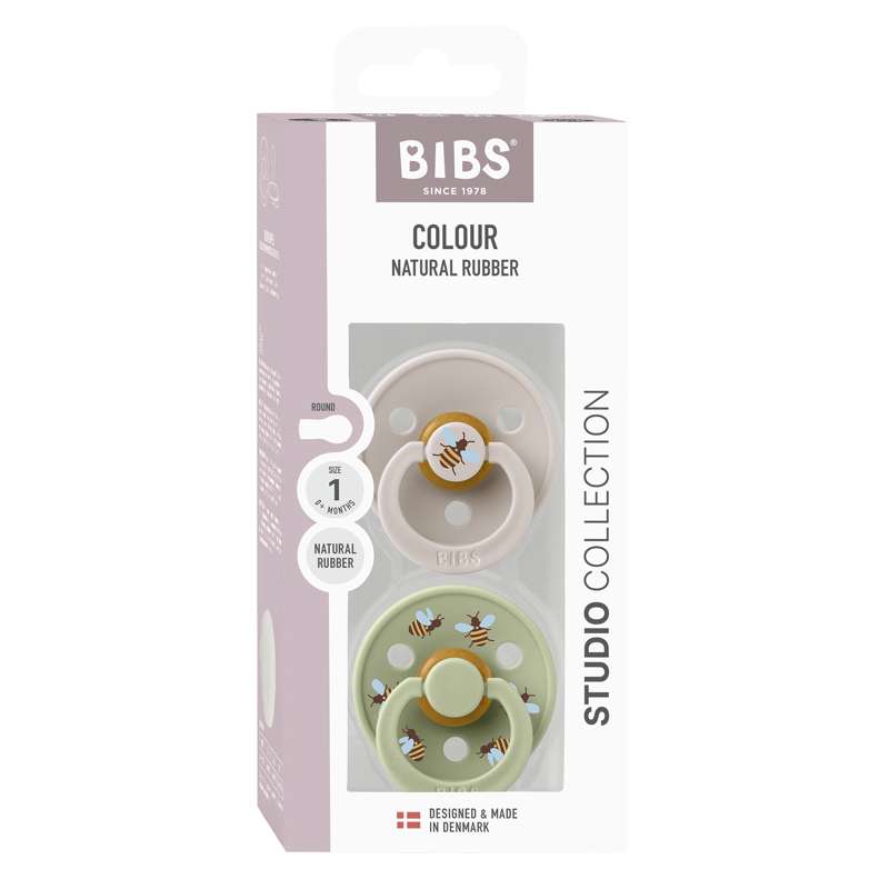 BIBS Rund Colour napp - 2-Pack - Str. 1 - Naturgummi - Bumblebee Studio - Mushroom Mix