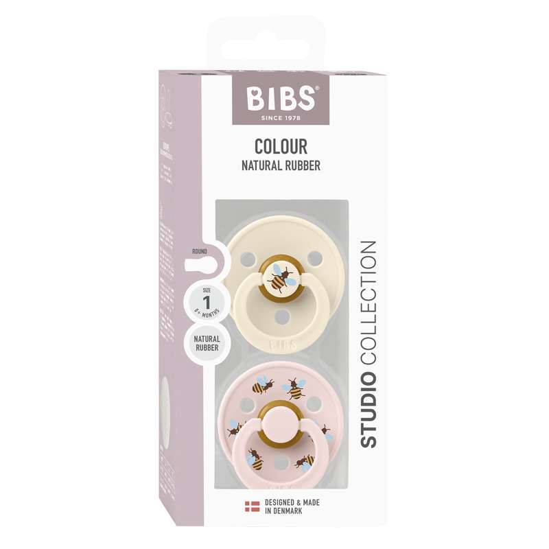 BIBS Rund Colour napp - 2-Pack - Str. 1 - Naturgummi - Bumblebee Studio - Ivory Mix