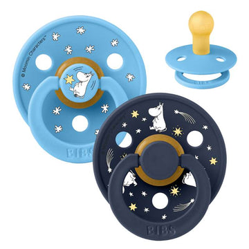 BIBS Rund Colour napp - 2-Pack - strl. 1 - naturgummi - Mumin - Godnatt - Breeze Mix 
