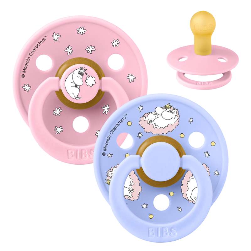 BIBS Rund Colour napp - 2-Pack - strl. 1 - naturgummi - Mumin - Drömmande - Baby Rosa Mix 
