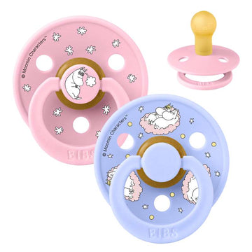 BIBS Rund Colour napp - 2-Pack - strl. 1 - naturgummi - Mumin - Drömmande - Baby Rosa Mix 