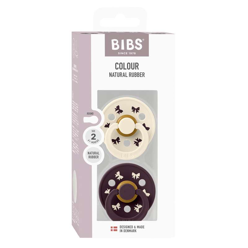 BIBS Rund Colour napp - 2-Pack - strl. 2 - naturgummi - Julsløjfe - Elfenben/Plommon 