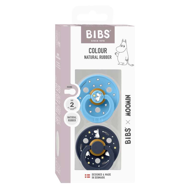 BIBS Rund Colour napp - 2-Pack - strl. 2 - naturgummi - Mumin - Godnatt - Breeze Mix 