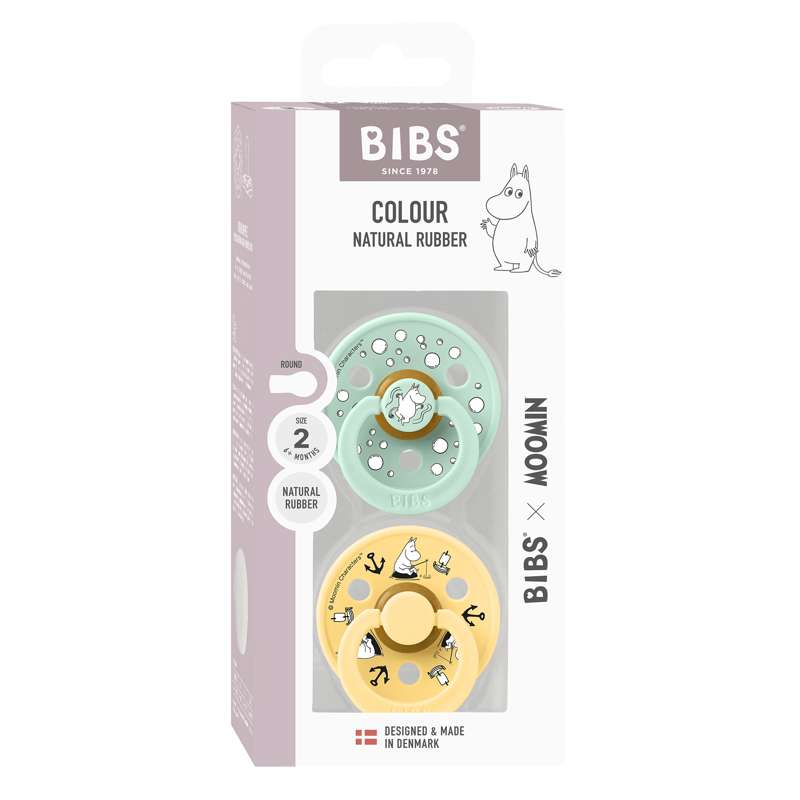 BIBS Rund Colour napp - 2-Pack - strl. 2 - naturgummi - Moomin - Segling - Nordisk Mint Mix 