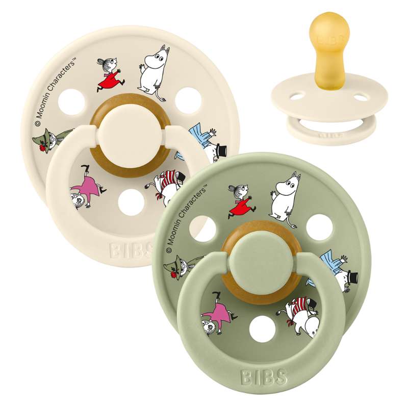 BIBS Rund Colour napp - 2-Pack - strl. 2 - naturgummi - Mumin - Vänner - Elfenben Mix 