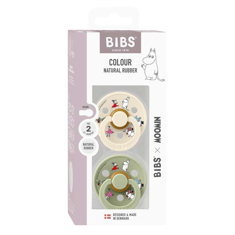 BIBS Rund Colour napp - 2-Pack - strl. 2 - naturgummi - Mumin - Vänner - Elfenben Mix 