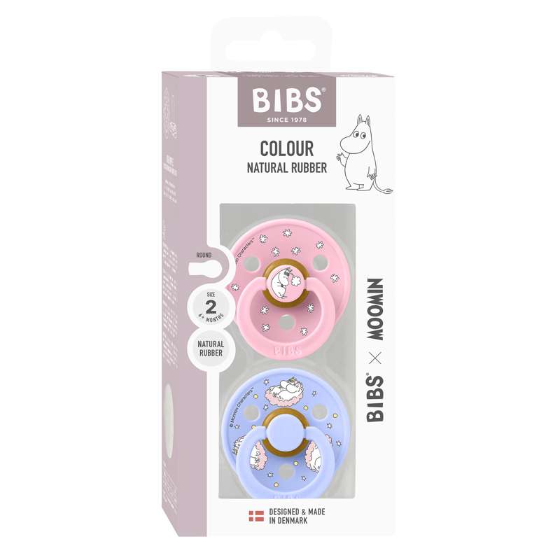 BIBS Rund Colour napp - 2-Pack - strl. 2 - naturgummi - Mumin - Drömmer - Baby Pink Mix 