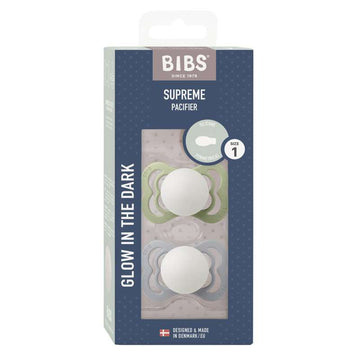 BIBS Symmetrisk Supreme Napp - 2-Pack - Str. 1 - Silikon - GLOW - Sage/Cloud