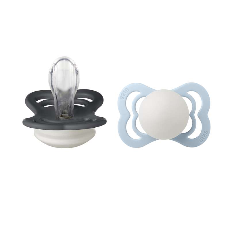 BIBS Symmetrisk Supreme napp - 2-Pack - strl. 1 - Silikon - GLOW - Iron/Baby Blue 
