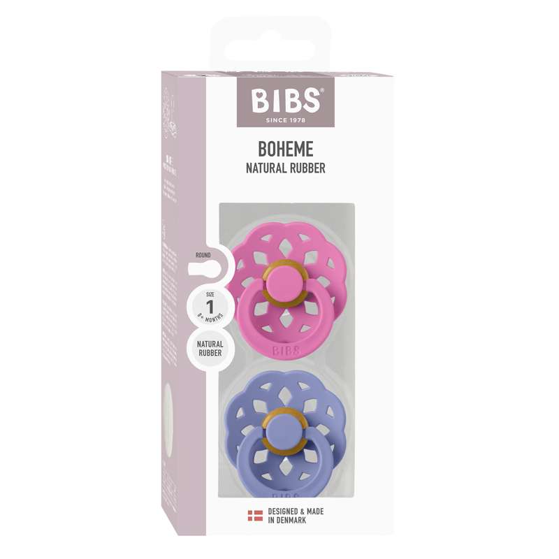 BIBS Rund Boheme napp - 2-Pack - strl. 1 - naturgummi - Bubblegum/Peri 