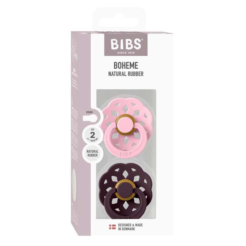 BIBS Rund bohem napp - 2-pack - strl. 2 - naturgummi - Babyrosa/Plommon 