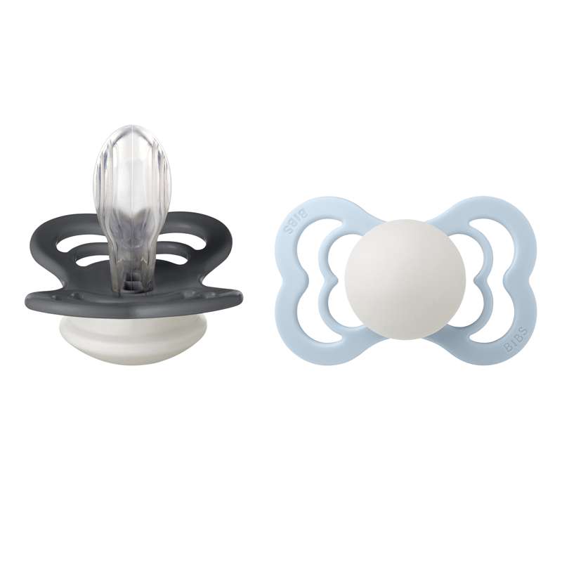 BIBS Symmetrisk Supreme napp - 2-pack - strl. 2 - Silikon - GLOW - Iron/Baby Blue 