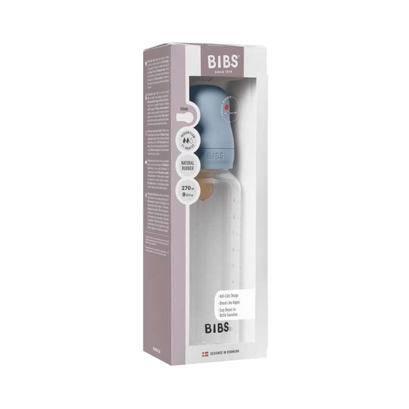 BIBS Flaska - Sutteflaskeset - Plast - Latex/Medium Flow/Rund - 270 ml. - Baby Blue 