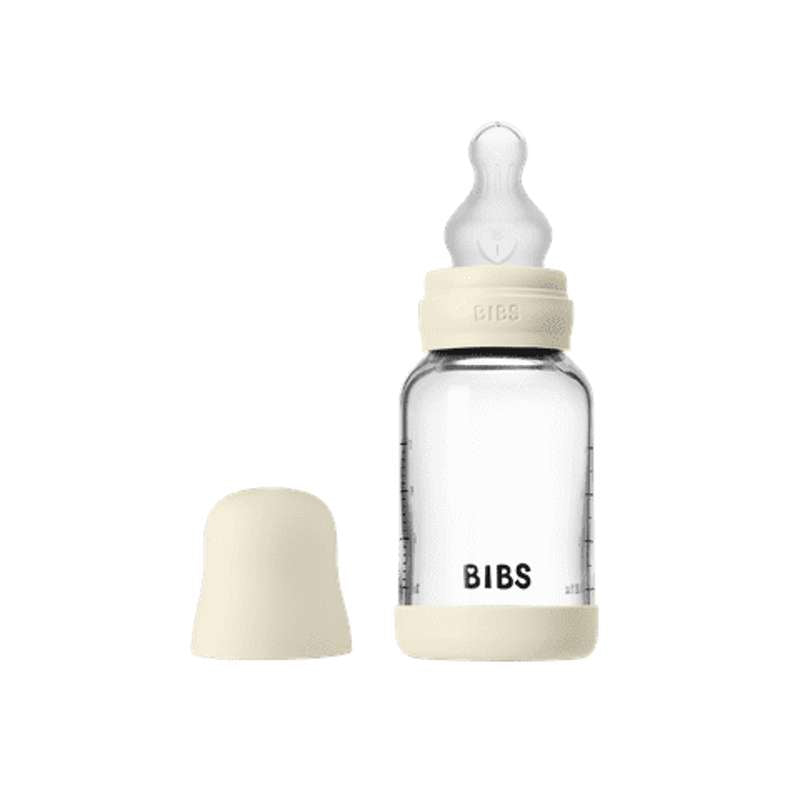 BIBS Flaska - Sutteflaskesätt - Glas - Silikon/Långsam Flöde/Rund - 120 ml. - Elfenben 