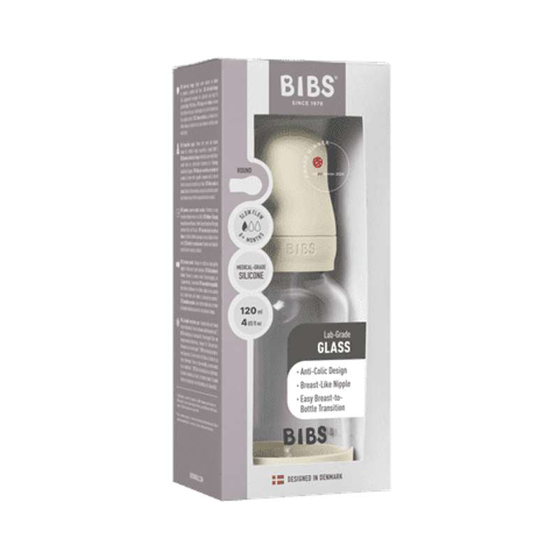 BIBS Flaska - Sutteflaskesätt - Glas - Silikon/Långsam Flöde/Rund - 120 ml. - Elfenben 