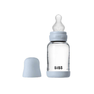 BIBS Flaska - Sutteflaskeset - Glas - Silikon/Långsam Flöde/Rund - 120 ml. - Baby Blue 