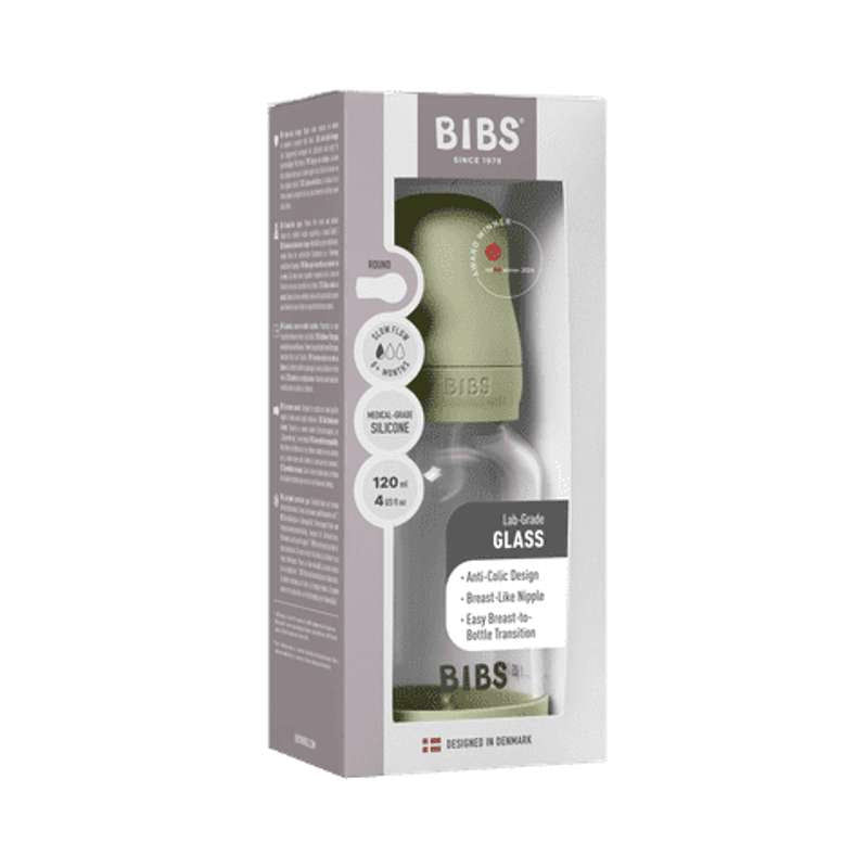 BIBS Flaska - Sutteflaskesätt - Glas - Silikon/Långsam Flöde/Rund - 120 ml. - Salvia 