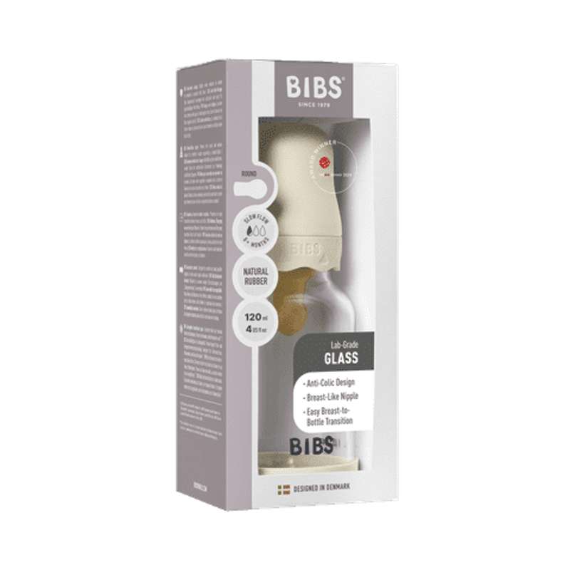 BIBS Flaska - Sutteflaskesätt - Glas - Boheme - Latex/Långsam Flöde/Rund - 120 ml. - Elfenben 