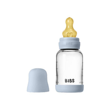 BIBS Flaska - Sutteflaskesätt - Glas - Latex/Långsam Flöde/Rund - 120 ml. - Baby Blue 