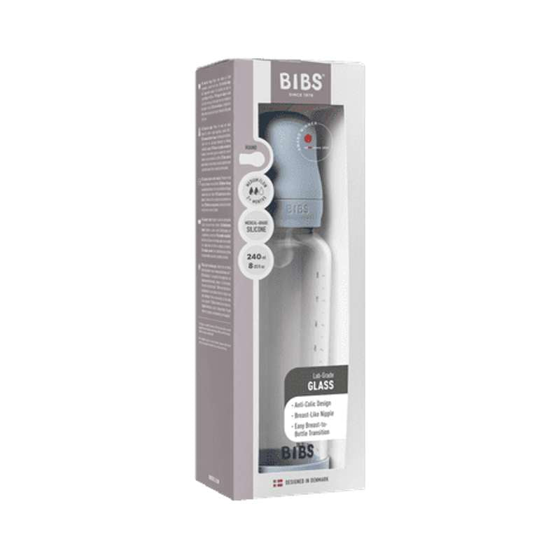 BIBS Flaska - Sutteflaskeset - Glas - Silikon/Medium Flow/Rund - 240 ml. - Baby Blue 