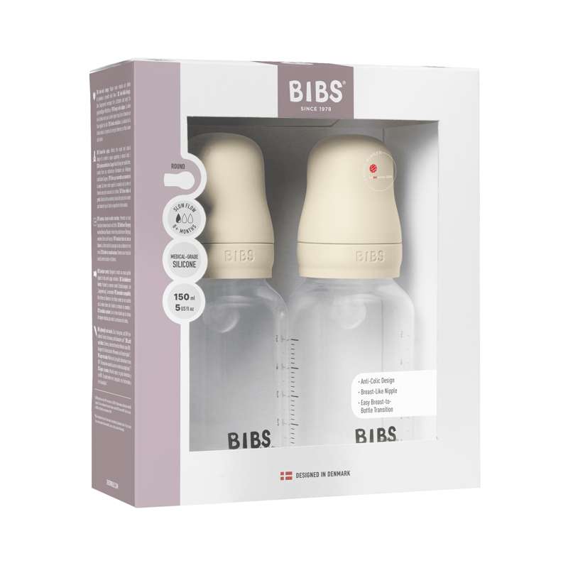 BIBS Flaska - Sutteflaskset - Plast - Silikon/Långsam Flöde/Rund - 150 ml. - 2-Pack - Elfenben 