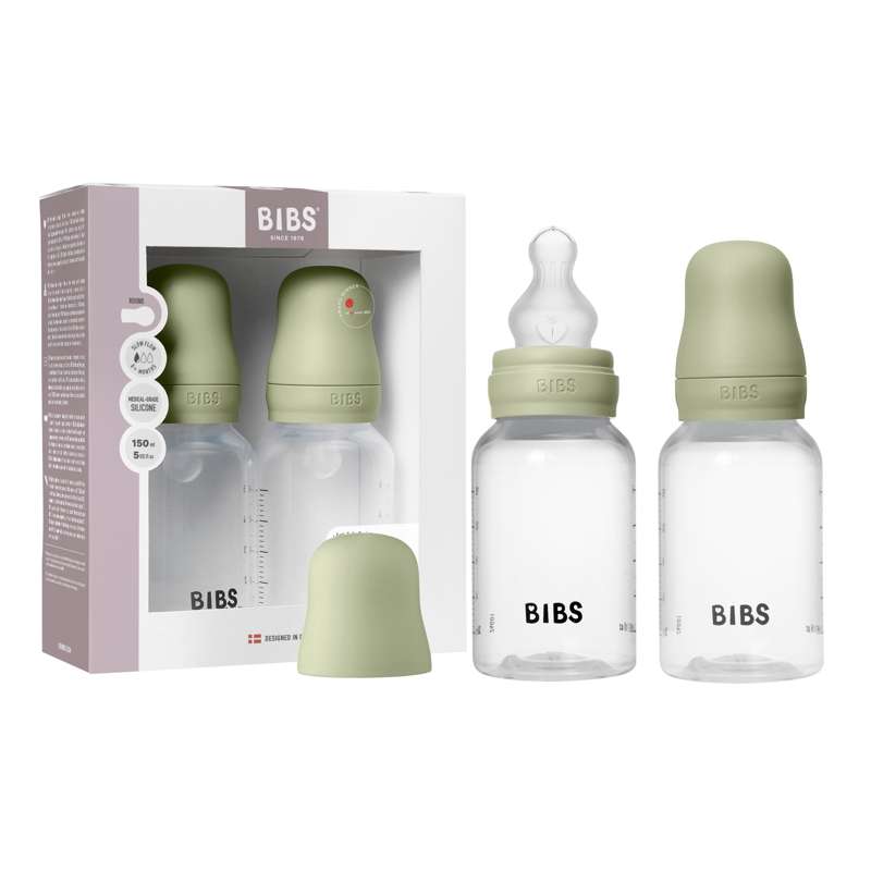BIBS Flaska - nappflaskeset - plast - 2-pack - silikon/slow flow/ rund - 150 ml - salvia 
