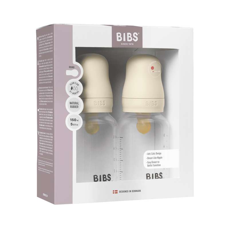 BIBS Flaska - Sutteflaskeset - Plast - Latex/Långsam Flöde/Rund - 150 ml. - 2-Pack - Elfenben 