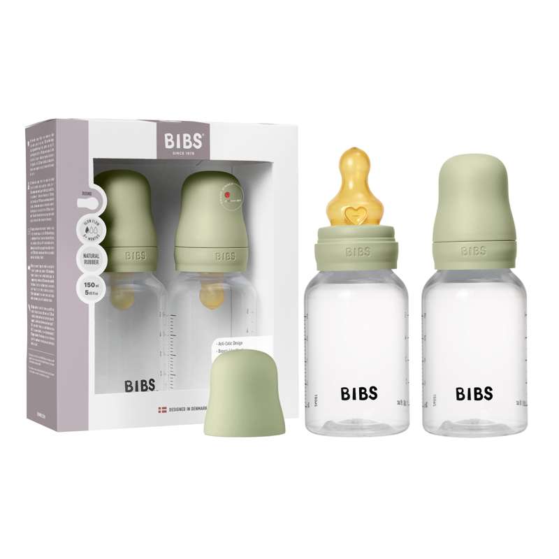 BIBS Flaska - Nappflaskeset - Plast - 2-pack - naturgummi/Slow Flow/Rund - 150 ml - Sage 