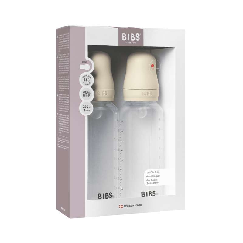 BIBS Flaska - Sutteflaskesätt - Plast - Silikon/Medium Flow/Rund - 270 ml. - 2-Pack - Elfenben 