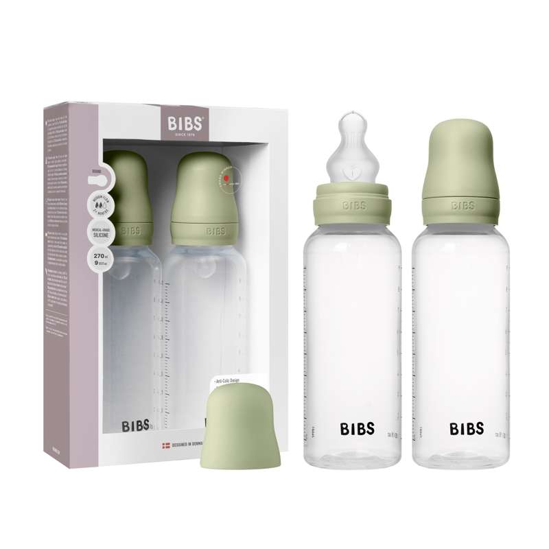 BIBS Bottle - Flaska med napp - Plast - 2-pack - Silikon/Medium flöde/Rund - 270 ml - Sage 