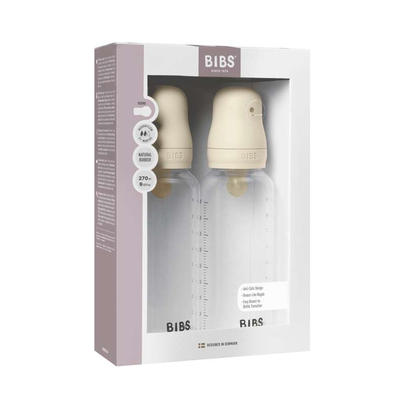 BIBS Flaska - Sutteflaskset - Plast - Latex/Medium Flow/Rund - 270 ml. - 2-Pack - Elfenben 