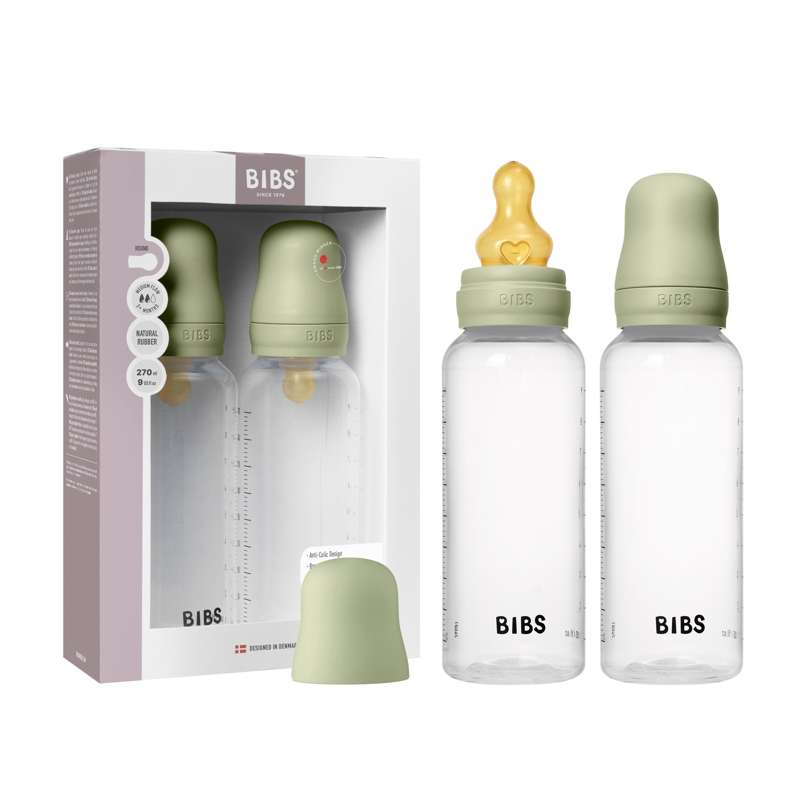 BIBS Bottle - Nappflaskeset - Plast - 2-pack - naturgummi/Medium Flow/Rund - 270ml - Sage 
