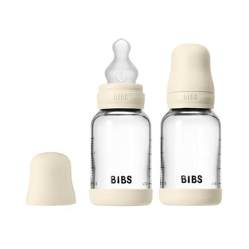 BIBS Flaska - nappflasksset - glas - 2-pack - silikon/Slow Flow/rund - 120 ml - Ivory 