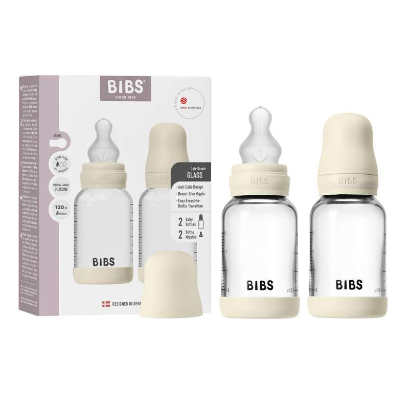 BIBS Flaska - nappflasksset - glas - 2-pack - silikon/Slow Flow/rund - 120 ml - Ivory 