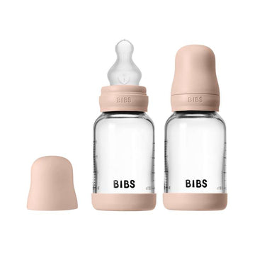 BIBS Flaska - nappflaskset - glas - 2-pack - silikon/långsam flöde/rund - 120 ml - Blush 