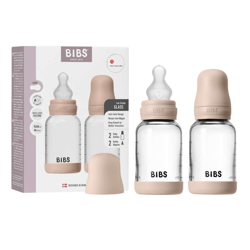 BIBS Flaska - nappflaskset - glas - 2-pack - silikon/långsam flöde/rund - 120 ml - Blush 