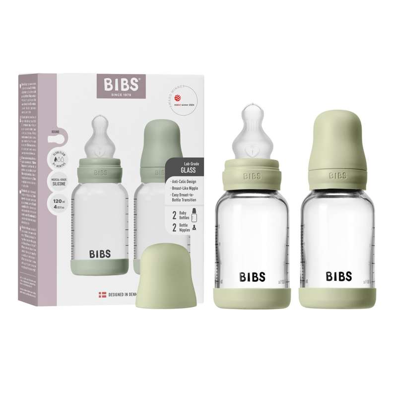BIBS Flaska - nappflaskset - glas - 2-pack - silikon/slow flow/rund - 120 ml - sage 