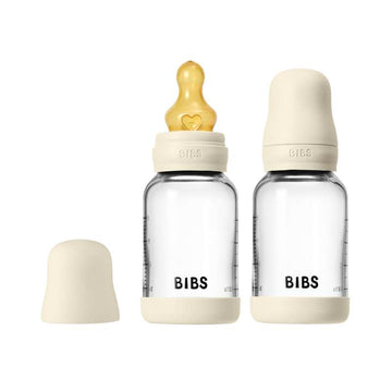 BIBS Flaska - nappflaskset - glas - 2-pack - naturgummi/Slow Flow/Rund - 120ml - Ivory 