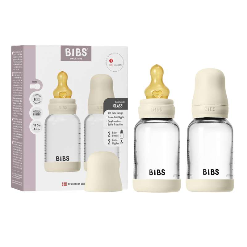 BIBS Flaska - nappflaskset - glas - 2-pack - naturgummi/Slow Flow/Rund - 120ml - Ivory 