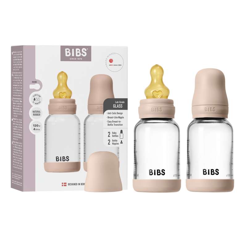 BIBS Bottle - Nappflasksset - Glas - 2-pack - naturgummi/Slow Flow/Rund - 120ml - Blush 
