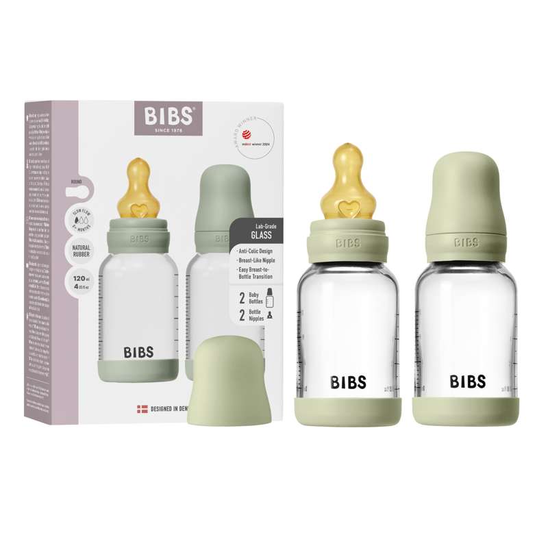 BIBS Flaska - Nappflasksset - Glas - 2-pack - naturgummi/Slow Flow/Rund - 120 ml - Sage 