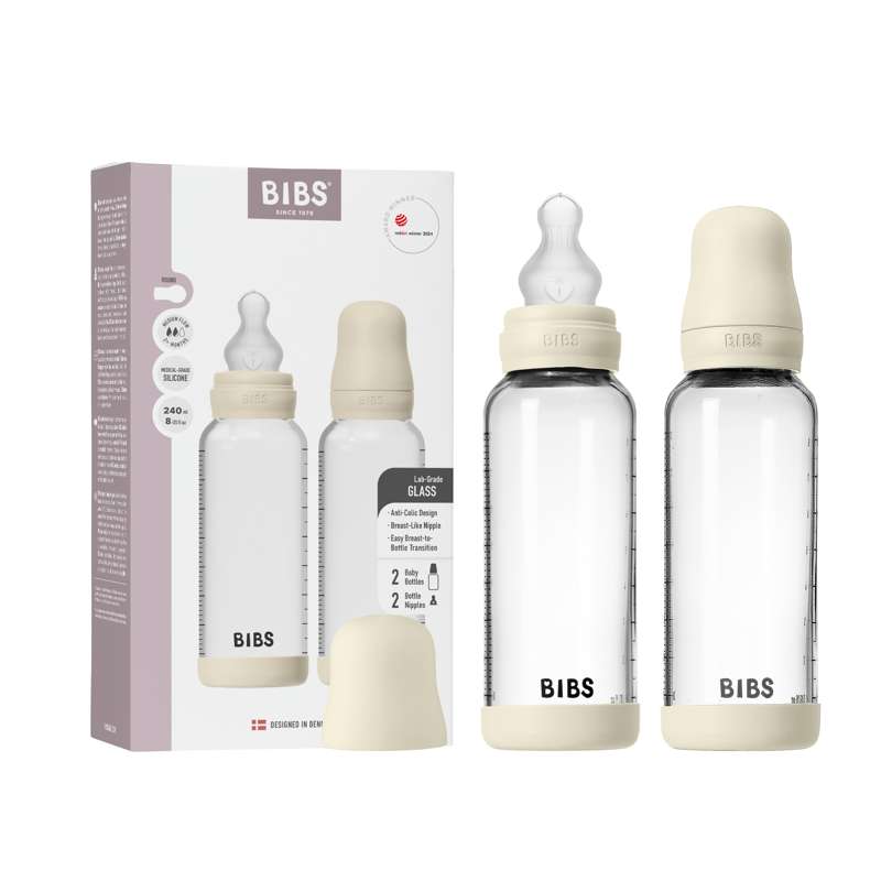 BIBS Flaska - nappflasksset - glas - 2-pack - silikon/slow flow/rund - 240 ml - Ivory 