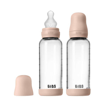 BIBS Flaska - nappflaskset - glas - 2-pack - silikon/långsam flöde/rund - 240 ml - Blush 