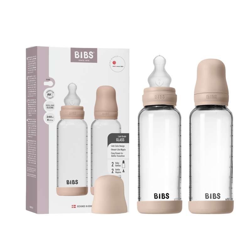 BIBS Flaska - nappflaskset - glas - 2-pack - silikon/långsam flöde/rund - 240 ml - Blush 