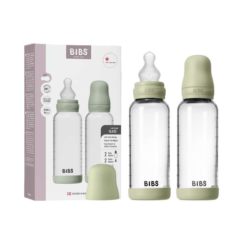BIBS Flaska - nappflaskset - glas - 2-pack - silikon/slow flow/rund - 240 ml - Sage 