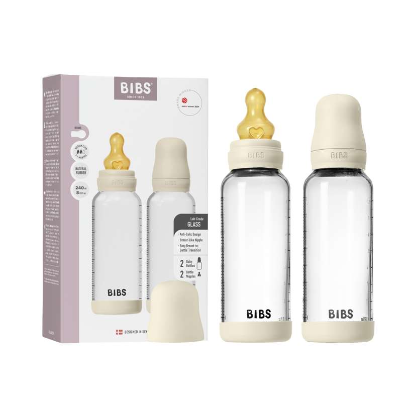 BIBS Bottle - Nappflaskeset - Glas - 2-pack - naturgummi/Slow Flow/Rund - 240ml - Ivory 