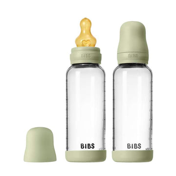 BIBS Flaska - Nappflasksset - Glas - 2-pack - naturgummi/Slow Flow/Rund - 240ml - Sage 