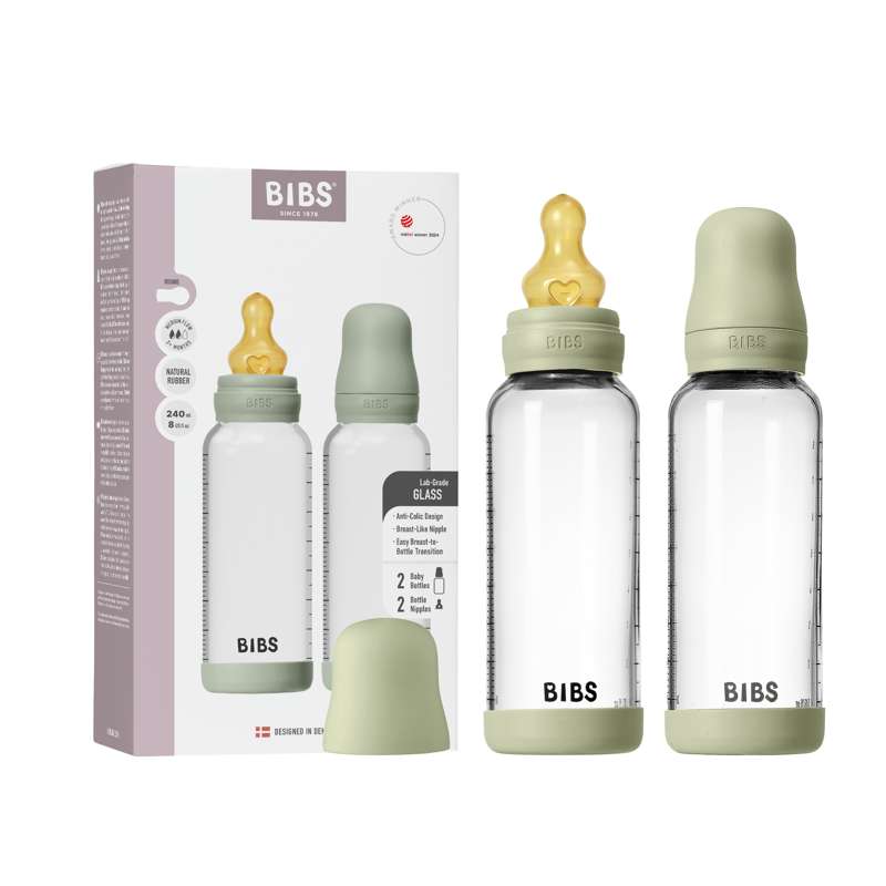 BIBS Flaska - Nappflasksset - Glas - 2-pack - naturgummi/Slow Flow/Rund - 240ml - Sage 