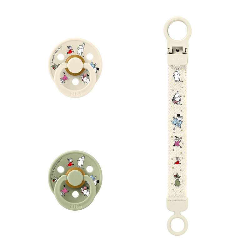 BIBS Rund Colour napp - 2-Pack - strl. 2 - naturgummi - m. Selen snöre - Mumin - Elfenben/Salvia 